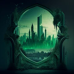 Poster Emerald City, a fantastic city with houses and streets of green emerald color, view from afar © Dmitry