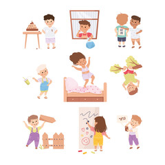 Little Mischievous Kids with Bad Behavior Making Mess and Chaos Vector Set