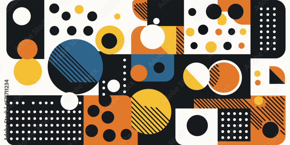 Poster Abstract and geometric print. Rectangles, squares and circles shape design. Flat style,  Retro style. Print for fabrics, wallpaper, interior.