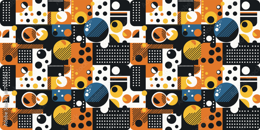Poster Abstraction, swiss geometry prints of rectangles, squares and circles shape design. Flat style,  Retro style. Print for fabrics, wallpaper, interior.