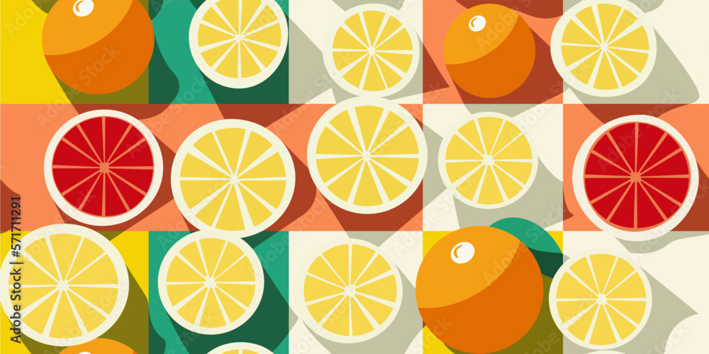 Poster Volumetric citrus slices image with slices, bright pattern. Citrus, geometry, retro, grapefruit, checkerboard pattern. Flat vector style.