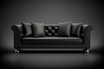 Modern black leather sofa on a dark background - Generative AI