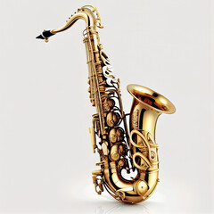 Beautiful saxophone isolated on white close-up. Great musical instrument - obrazy, fototapety, plakaty