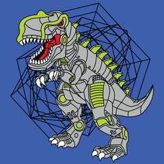 ROBOT TYRANNOSAURUS WITH GREEN DETAILS AND A GEOMETRIC FIGURE BEHIND IT