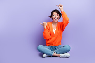 Full length photo of astonished funny overjoyed girl wear orange cardigan direct fingers empty...