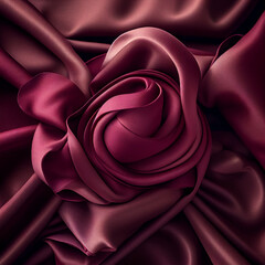 Texture of burgundy dark red silk folded in shape of beautiful rose flower close up, background of silk fabric, textile wallpaper