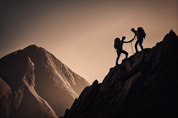 Hikers climbing on mountain, generative ai