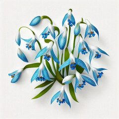 Blue spring flowers snowdrops close-up on white, lovely spring background, floral wallpaper