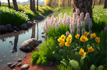 Fresh spring flowers and river illustration Generative AI