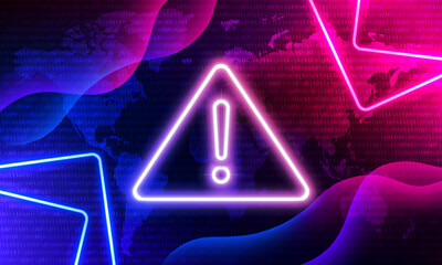 Attention Danger Hacking. Neon Symbol on Blue and Pink Map Background. Security protection, Malware, Hack Attack, Data Breach. System hacked error, Attacker alert sign computer virus.Ransomware.Vector