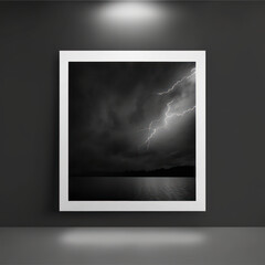 Wall poster mockup stormy night sky above a lake of silver AI generation.