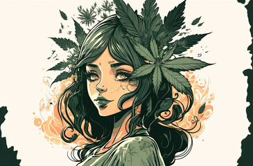 Girl in green decorated with hemp leaves and green lipstick. Generative ai illustration