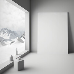 Frame poster mockup in home interior, snow-covered mountain and a shimmering lake, AI Generaion.