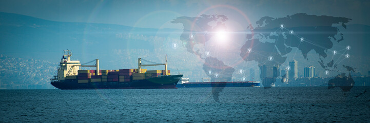 Transportation and logistic network distribution of online goods orders worldwide. Container cargo...