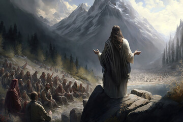 Jesus Teaching on top of the rock in the mountains, Sermon of the Mountain, Christ Teaching behind snow moutains	
