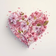 Postcard with a heart made of pink flowers. Valentine's day, mother's day, international women's day. The 14th of February. Generative art. Spring style.