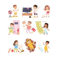 Little Mischievous Kids with Bad Behavior Making Mess and Chaos Vector Set