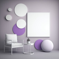 Frame poster mockup in home interior, violet fog and quartz circles AI Generaion.