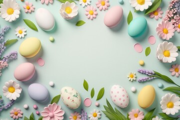 Fototapeta na wymiar Flat lay Easter background with colorful eggs and flowers with copy space