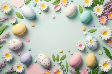 Fototapeta na wymiar Flat lay Easter background with colorful eggs and flowers with copy space