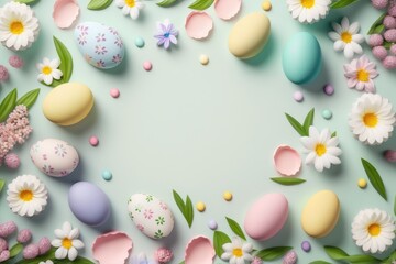 Fototapeta na wymiar Flat lay Easter background with colorful eggs and flowers with copy space - Generative AI