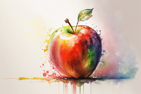 Watercolor painting of a colorful apple. Made with generative AI.