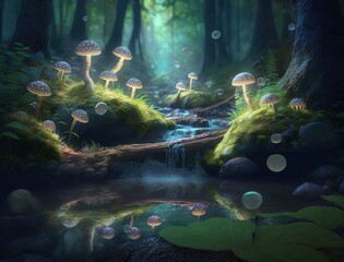 Fantasy forest environment with mushrooms, flowers, trees