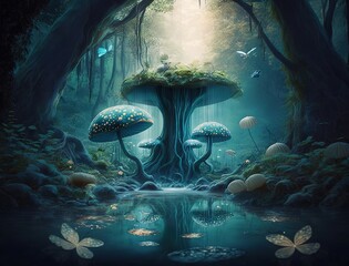 Fantasy forest environment with mushrooms, flowers, trees