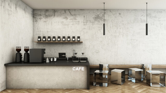Cafe shop  Restaurant design Modern and Loft,Black metal concrete counter,Concrete wall,Wood floors -3D render