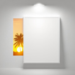 Frame poster mockup in home interior, glowing sunset in a tropical paradise AI Generaion.
