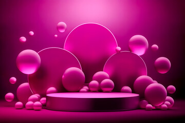 Podium for product presentation with floating balls in viva magenta color background. Empty space for goods. Generative AI