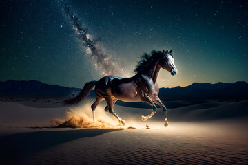 Caballo galopando en el desierto en la noche levantando polvo, imagen cinematográfica con textura, generative ai.