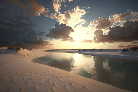 Idyllic tropical beach at sunset. Generative AI