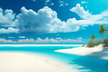 Idyllic tropical beach of white sand and turquoise waters. Generative AI