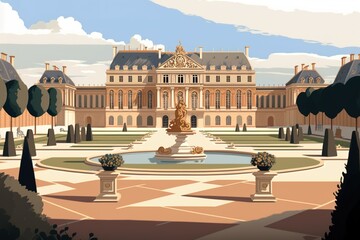 Palace of Versailles in France. Realistic illustration. Travel destination, famous place for vacations. Generative AI Illustration - obrazy, fototapety, plakaty