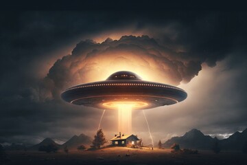 Naklejka na ściany i meble Aliens spaceship illustration. UFO with light beam. generative ai 