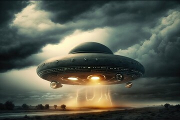 Fototapeta na wymiar Aliens spaceship illustration. UFO with light beam. generative ai 