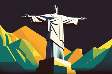Illustration of Christ the Redeemer statue in Rio de Janeiro, Brazil. Abstract geometric style. Generative AI Illustration