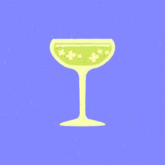 Green margarita glass. Refreshing drink with flowers. Daiquiri drink for bar and party. Light drink for wedding and social event. Flat vector illustration with texture. Simple retro poster