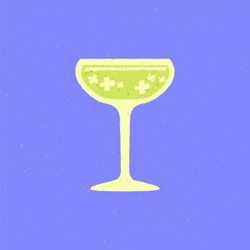 Green margarita glass. Refreshing drink with flowers. Daiquiri drink for bar and party. Light drink for wedding and social event. Flat vector illustration with texture. Simple retro poster