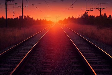 Fototapeta na wymiar railroad tracks at sunset. Generative AI