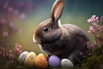 The Easter bunny sits in a flowers with eggs