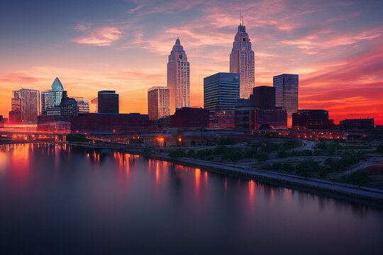 View of downtown Columbus Ohio Skyline at Sunset. Generative AI
