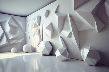 Abstract white 3d interior with polygonal pattern on the wall. Created with Generative AI technology