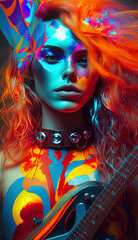 Fototapeta premium Musician with studded collar, orange hair and rainbow lighting with a guitar. Generative Ai 