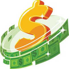 Dollar symbol around which banknotes fly. Illustration on the theme of finance. Icon for a business website