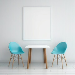 Frame poster mockup in home interior, wooden table and blue chairs AI Generaion.