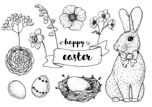 Easter vector illustration. Hand drawn sketches. Design elements. Hand drawn easter bunny, easter eggs, spring flowers, basket with eggs. Vintage engraved style.