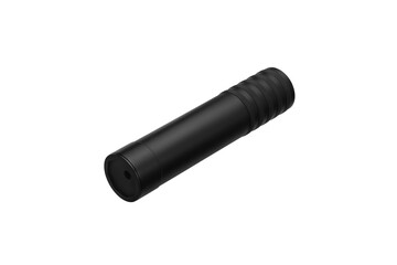Black silencer for weapons. Suppressor that is at the end of an assault rifle. Isolate on a white back.