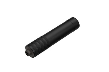 Black silencer for weapons. Suppressor that is at the end of an assault rifle. Isolate on a white back.